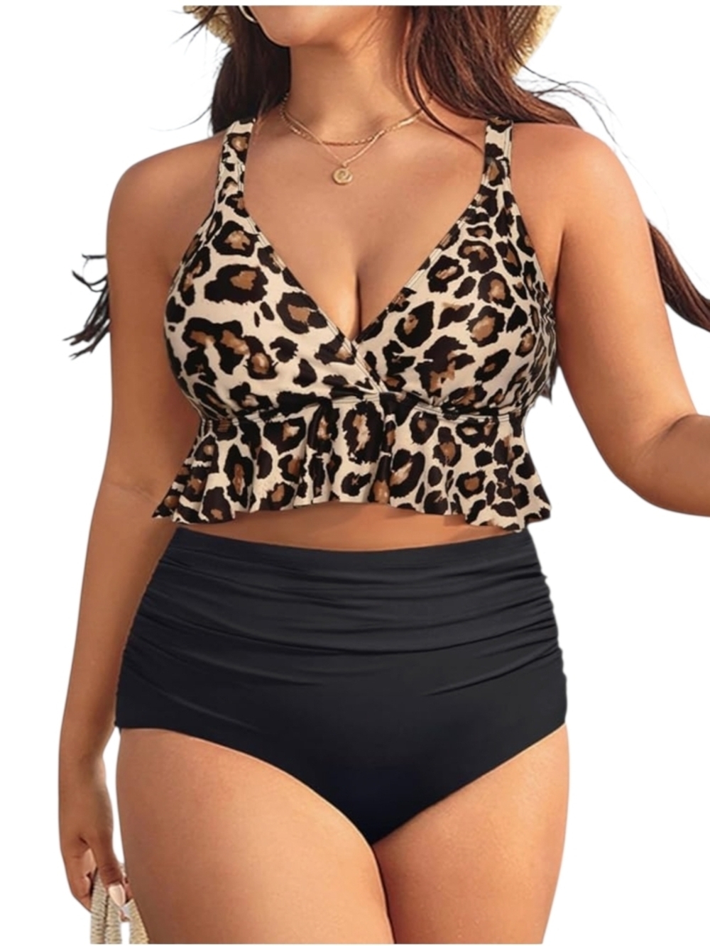 YONIQUE - 18W Leopard Print Ruffle Tankini Top & Black High Waist Swim Bottoms